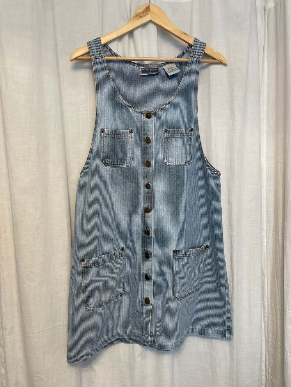Vintage Erika Classics Blue Pinstripe Denim Button Front Pinafore Dress Size Med